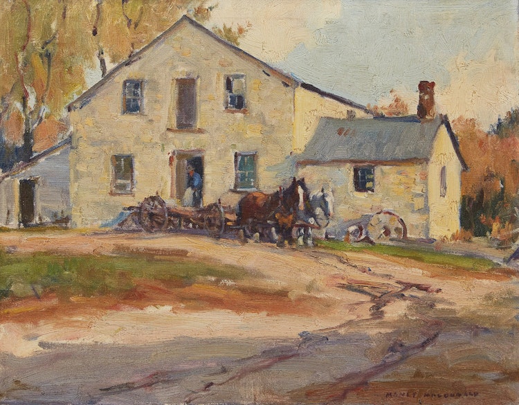 Artwork by Manly Edward MacDonald,  Mill-House, Farmer, Horses and Buckboard