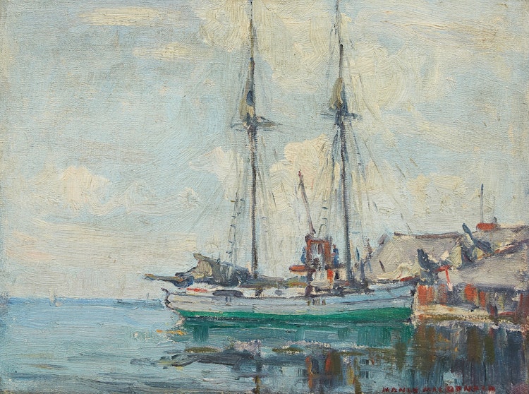 Artwork by Manly Edward MacDonald, Two Masted Boat in Harbour