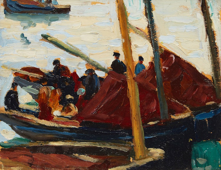 Artwork by Randolph Stanley Hewton, Moored Boats in Venice
