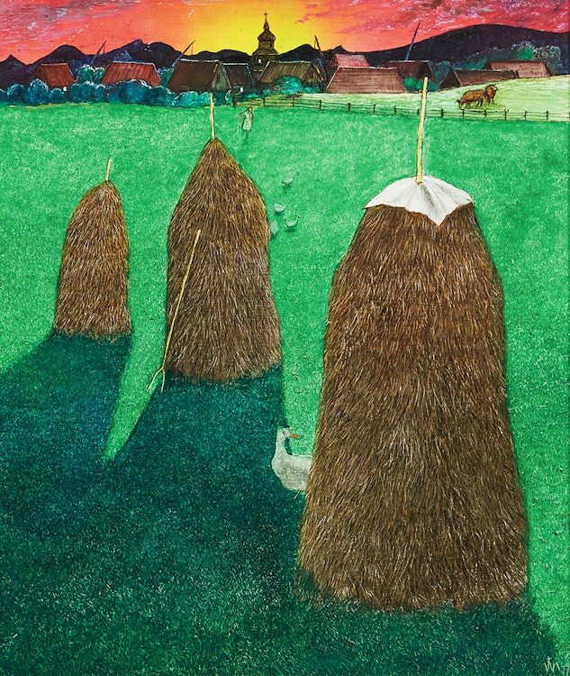 Artwork by William Kurelek, Haystacks and Ducks (Ukrainian Series)