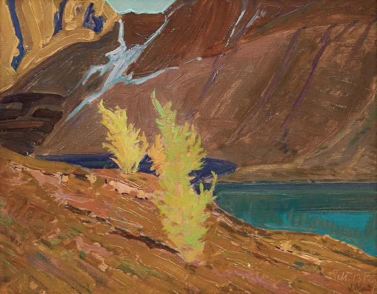 Artwork by James Edward Hervey MacDonald,  Larches, Mountain Lake