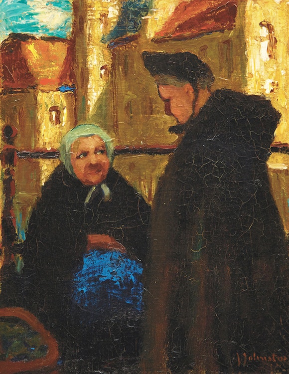 Artwork by John Young Johnstone, Fishing Village, Bruges
