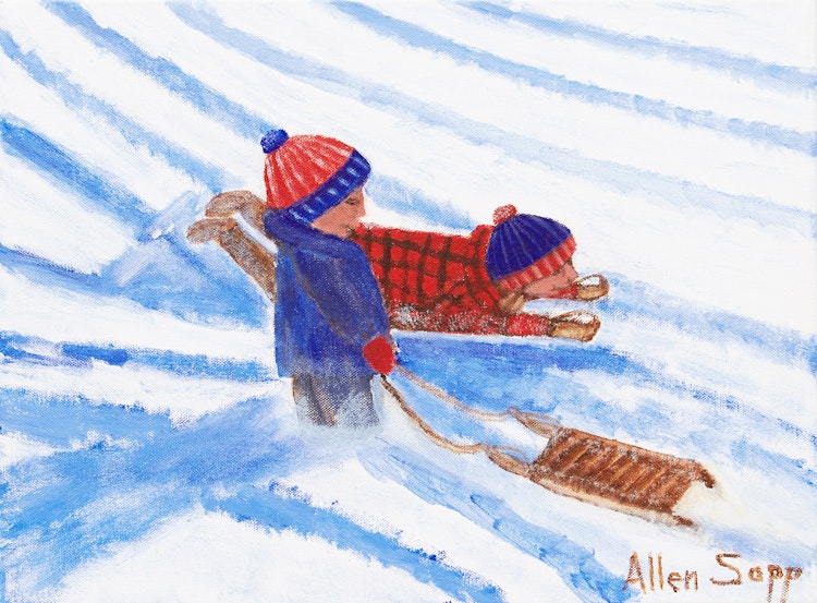 Artwork by Allen Sapp,  Sledding