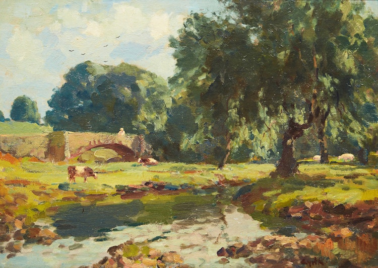 Artwork by Gyrth Russell,  Cows Grazing by a Stream