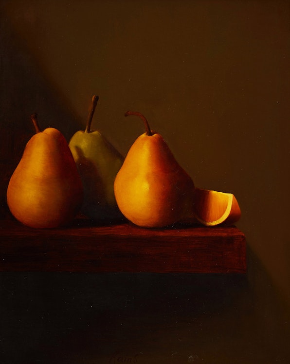 Artwork by Malcolm Rains,  Three Pears and an Orange Slice