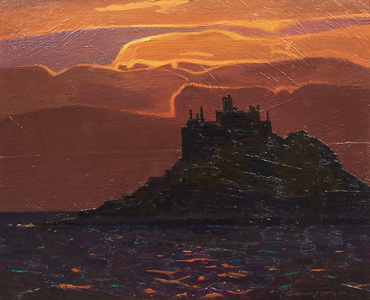 Artwork by Charles Fraser Comfort,  St. Michael’s Mount, Cornwall (from Basore Point, Looking West)