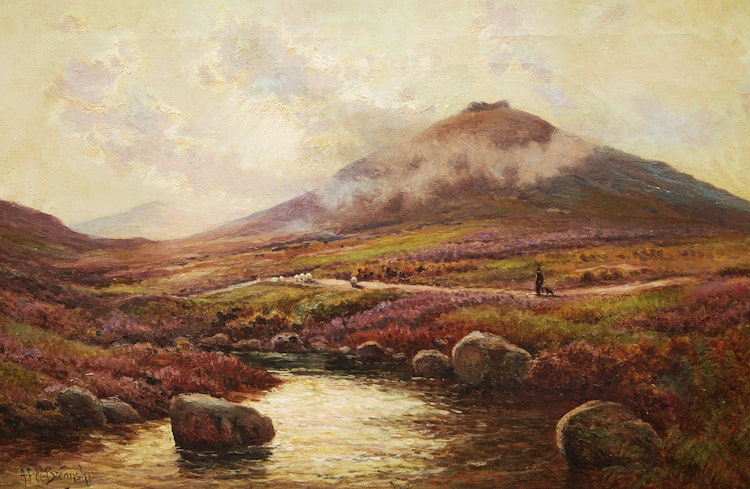 Artwork by Alfred Fontville de Breanski,  On the River Lyd Dartmoor