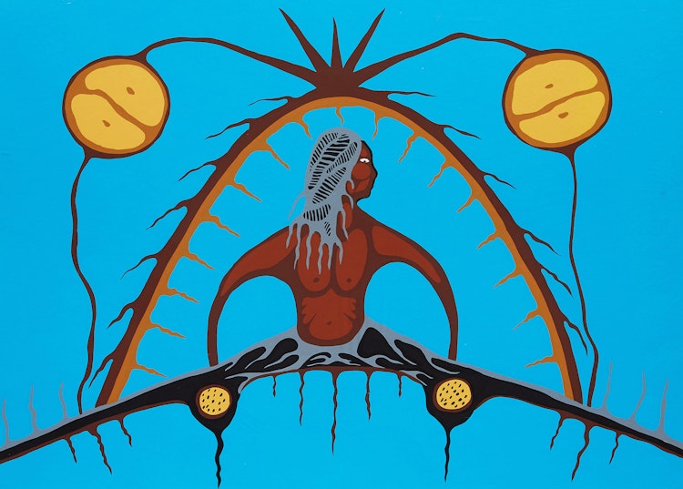 Artwork by Lloyd Kakepetum, Man in Wigwam; Animal Direction