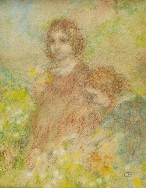 Artwork by Charles de Belle,  Two Little Girls Picking Flowers