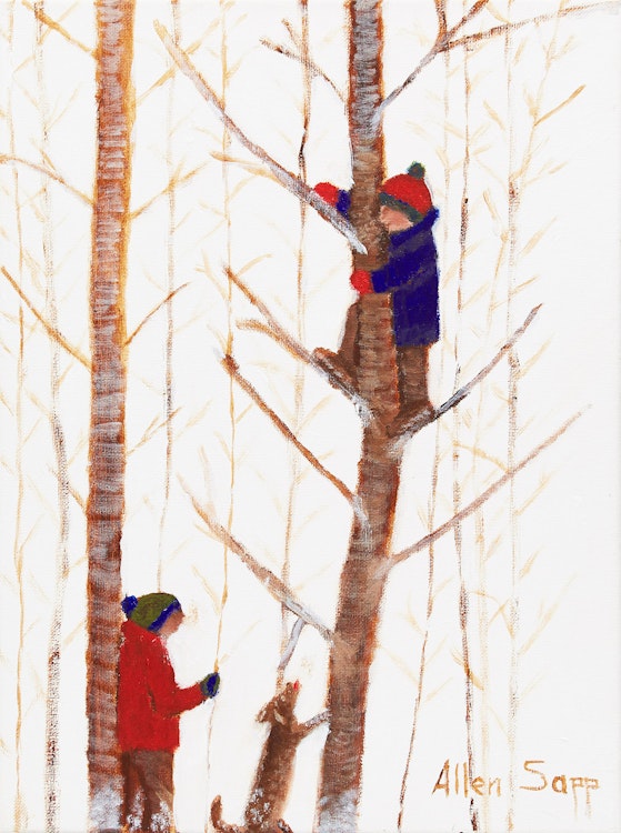 Artwork by Allen Sapp, Two Boys Playing in Trees