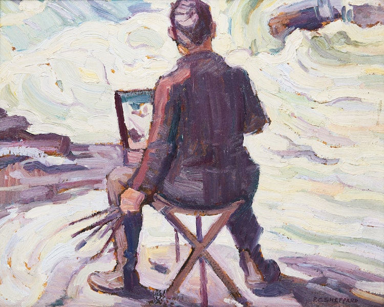 Artwork by Peter Clapham Sheppard,  Painting Muskoka Rapids (Self Portrait)