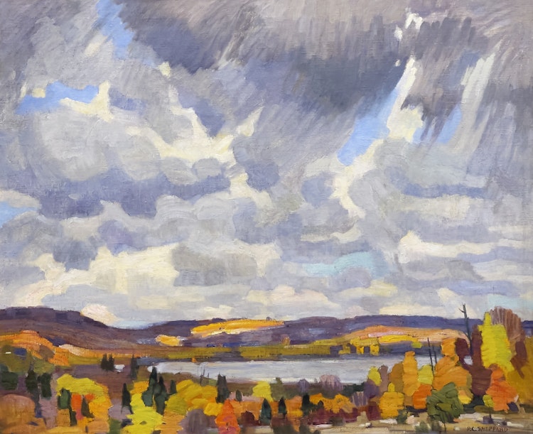 Artwork by Peter Clapham Sheppard, Autumn Skies, Lake of Bays
