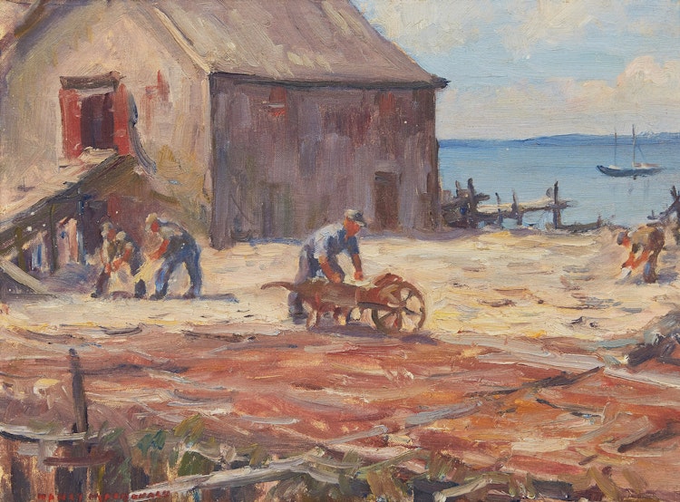 Artwork by Manly Edward MacDonald,  Workers and Storehouse before Shoreline