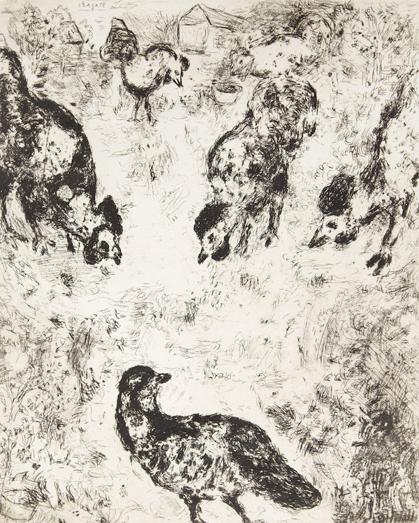Artwork by Marc Chagall, La Perdrix et Les Coqs, plate 94 (from Les Fables de la Fontaine Volume II) (Sorlier 188)