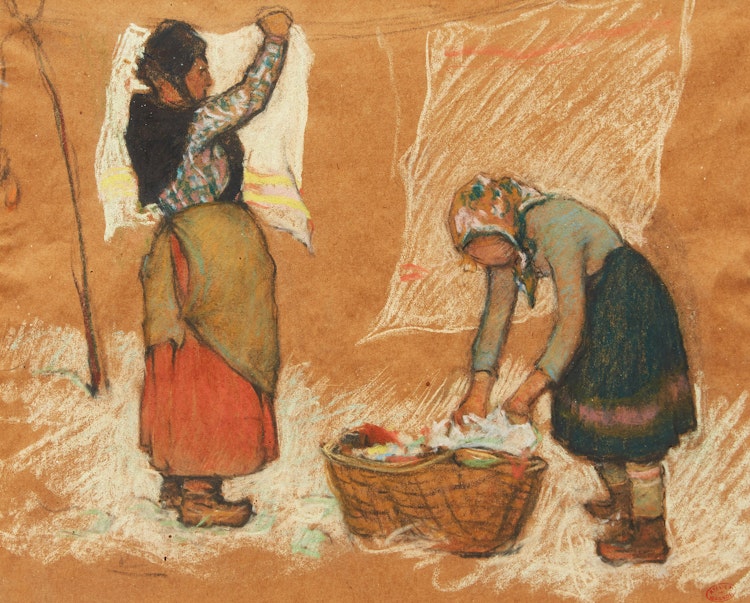 Artwork by Clarence Alphonse Gagnon,  Les Blanchisseuses, Charlevoix (vers 1925)