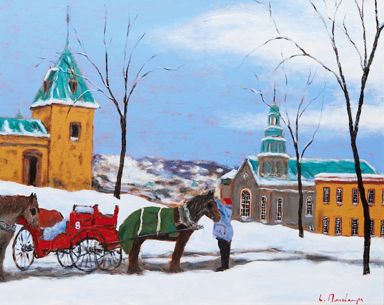 Artwork by Luc Deschamps,  Getting the Horses Ready, QC