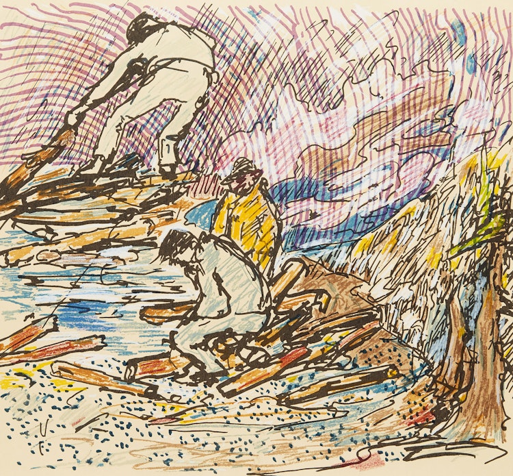 Artwork by Rene Richard, Log Driving