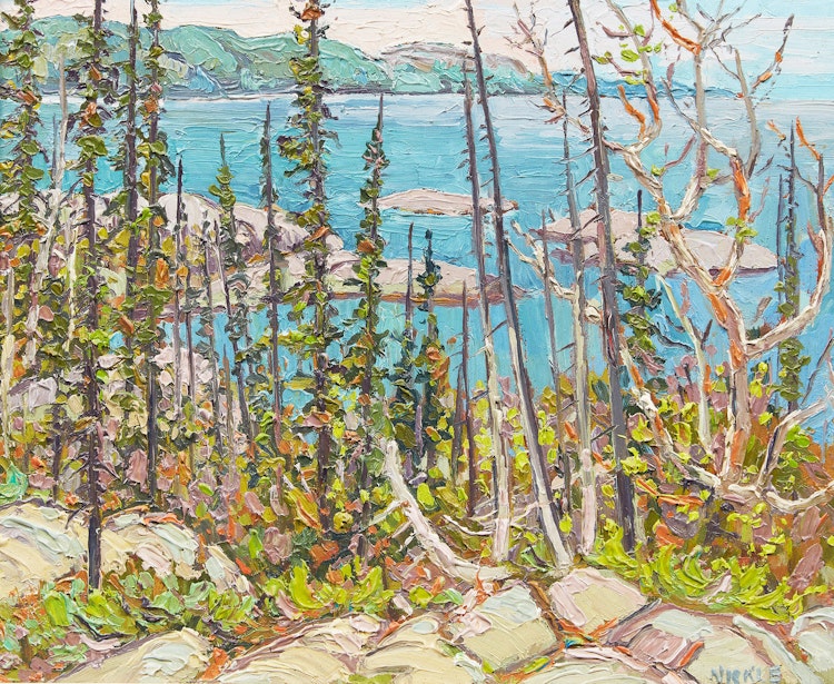 Artwork by Lawrence Nickle,  Michipicoten Harbour Toward Brule Harbour,  Lake Superior