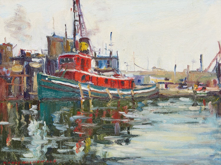 Artwork by Manly Edward MacDonald,  Tugboat in Toronto Harbour