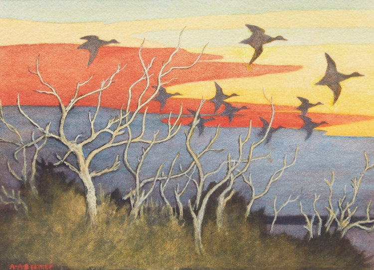 Artwork by Arthur Alexander Beemer, Evening Flight, Black Ducks, Longue Pointe