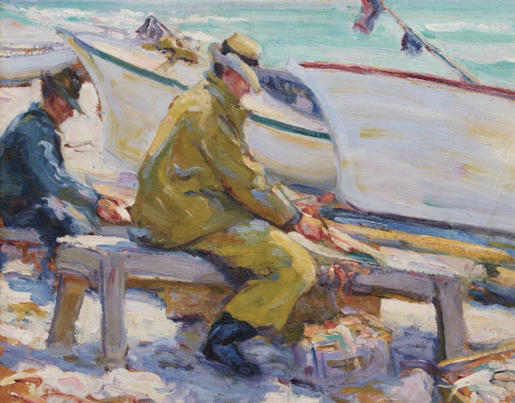 Artwork by Manly Edward MacDonald,  Fishermen Cleaning Catch, Bay of Quinte