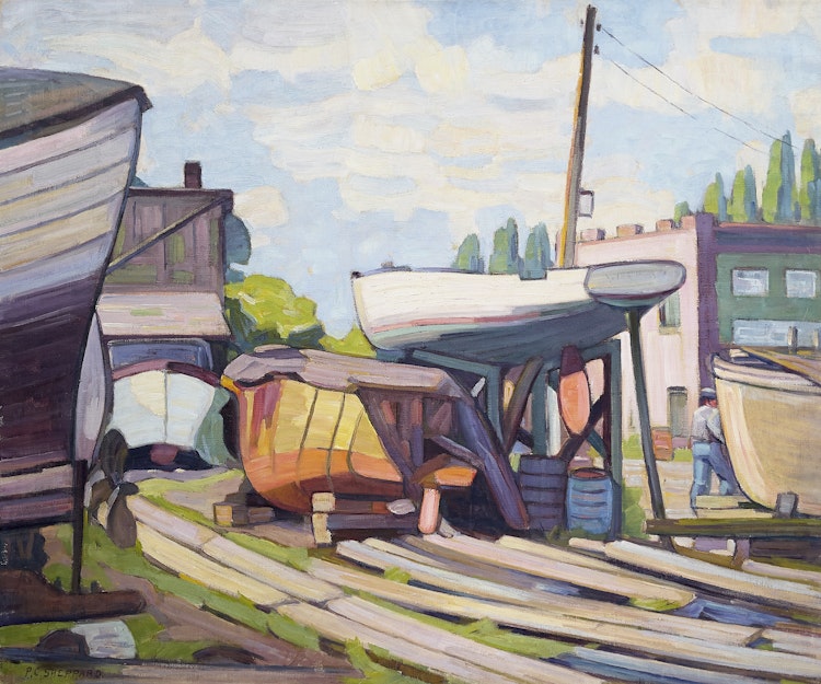 Artwork by Peter Clapham Sheppard, Muskoka Boathouse