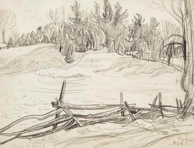 Artwork by Alexander Young Jackson, Corner of a field with cedar rail fence