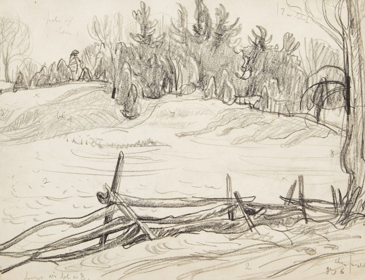 Artwork by Alexander Young Jackson,  Corner of a field with cedar rail fence 