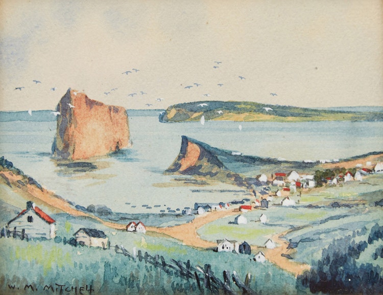 Artwork by Willard Morse Mitchell,  Percé Rock; The Seminary of the Suplicians, Notre Dame Street, Montreal