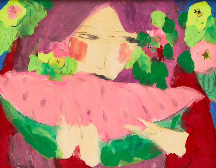 Artwork by Walasse Ting, Lady Eating Pink Watermelon