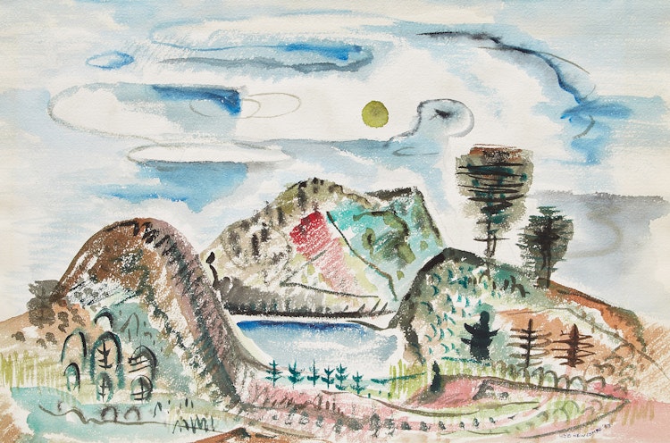Artwork by William John Bertram Newcombe, Coast with Hills; Military Base; Casa de Mendoza, San Miguel de Allende, Mexico