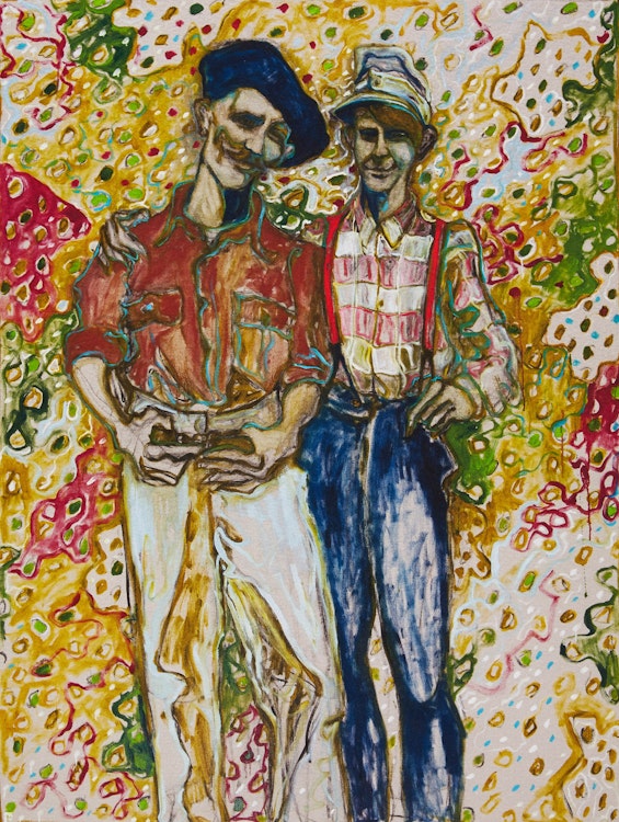 Artwork by Billy Childish,  Father with Son; Man Stood by Tomb