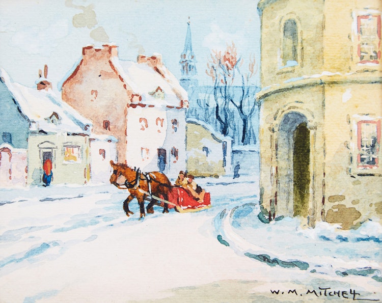 Artwork by Willard Morse Mitchell, A Street Corner in the Historic Old City of Quebec, P.Q; A Charming Snowscape in the Famous Laurentian Mountains, P.Q.