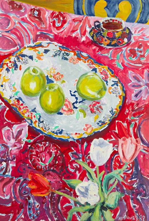 Artwork by Mary Pavey, Platter on a Paisley Shawl