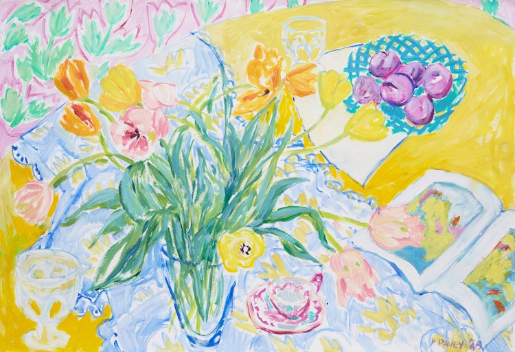 Artwork by Mary Pavey, Vase of Flowers on Tablecloth