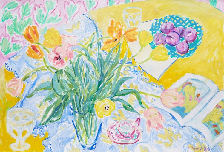 Artwork by Mary Pavey,  Vase of Flowers on Tablecloth