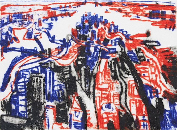 Artwork by John Hartman, Three Works from the Rivers and Cities Portfolio: Broadway and Fifth; Burrard Inlet, Vancouver; Manhattan from above Brooklyn