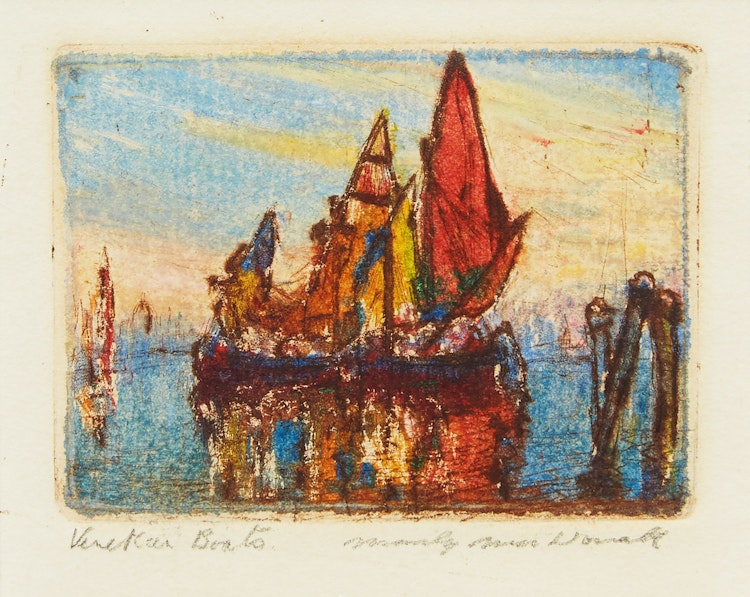 Artwork by Manly Edward MacDonald,  Venetian Boats; Marseille Cathedral; Horse and Buggy