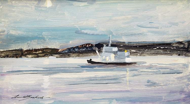 Artwork by George Lorne Holland Bouchard, The Eckaloo Going Upstream - Mackenzie River (Near Fort Simpson) N.W.T