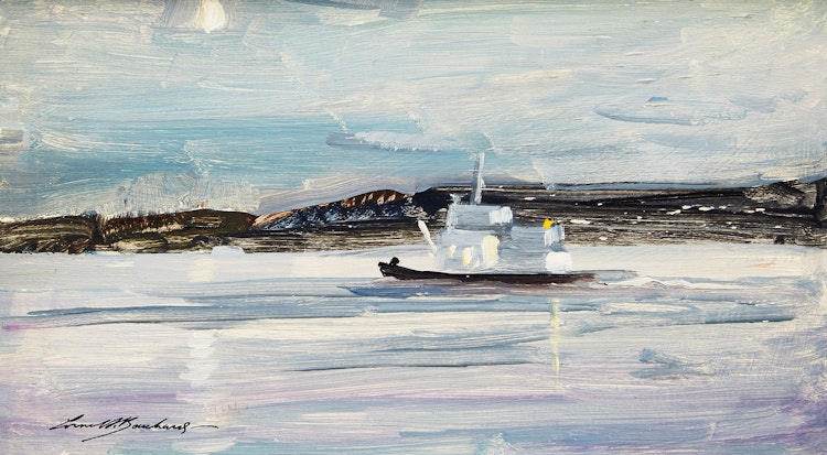 Artwork by George Lorne Holland Bouchard,  The Eckaloo Going Upstream - Mackenzie River (Near Fort Simpson) N.W.T