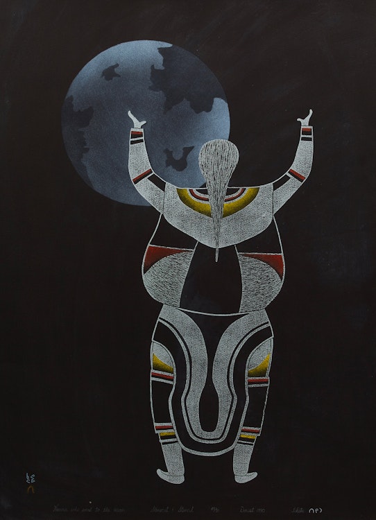 Artwork by Tikituk Qinnuayuak,  Woman Who Went to the Moon 