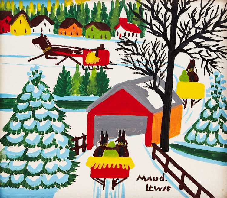 Artwork by Maud Lewis,  Winter Sleighing Scene with a Covered Bridge