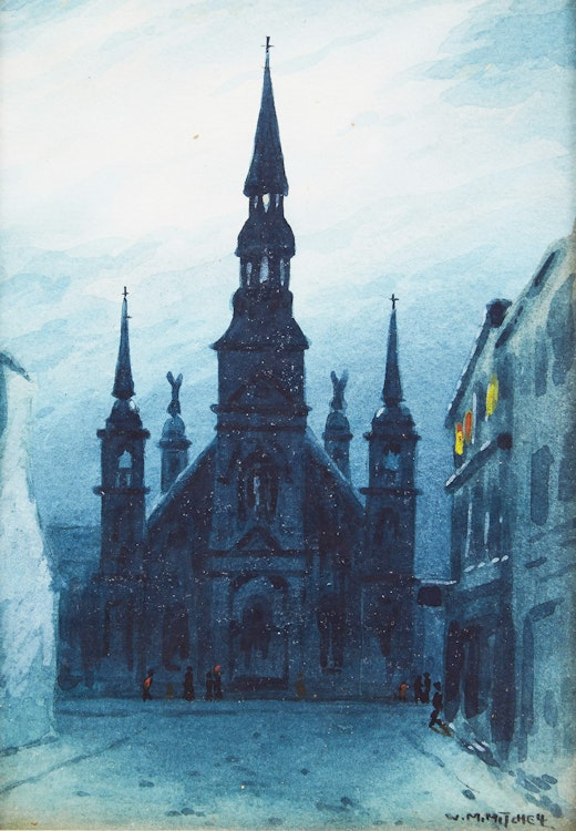 Artwork by Willard Morse Mitchell, A View by Moonlight of the Famous Old Church of Bonsecour, Montreal, P.Q.