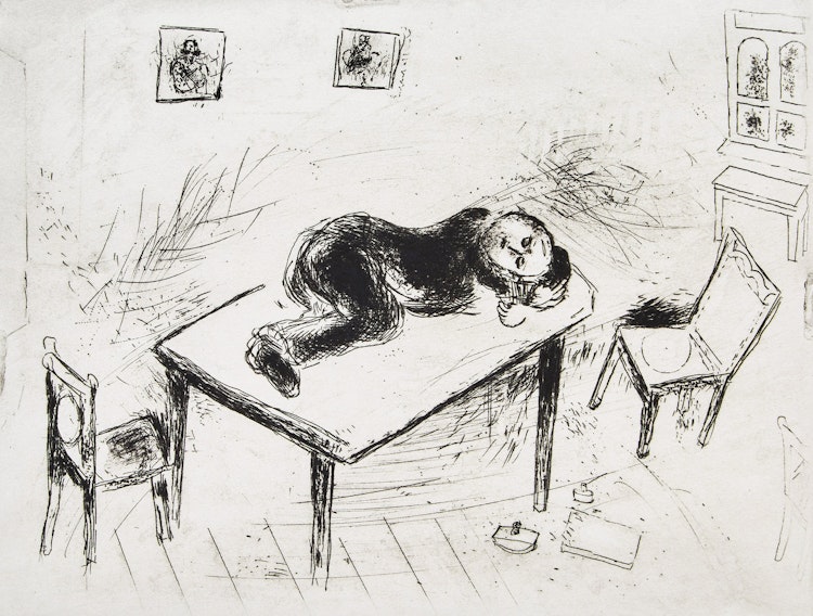 Artwork by Marc Chagall, Man on a Table (from Les Ames Mortes by Nikolai Gogol) (Cramer 17)