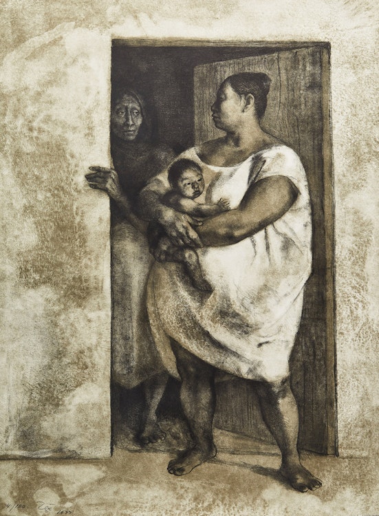 Artwork by Francisco Zúñiga, Mujeres Con Nino En La Puerta