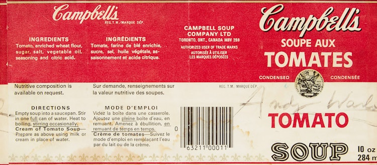 Artwork by Andy Warhol, Autographed Campbell’s Tomato Soup Can Label