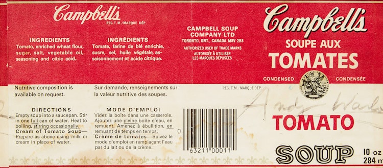 Artwork by Andy Warhol,  Autographed Campbell’s Tomato Soup Can Label