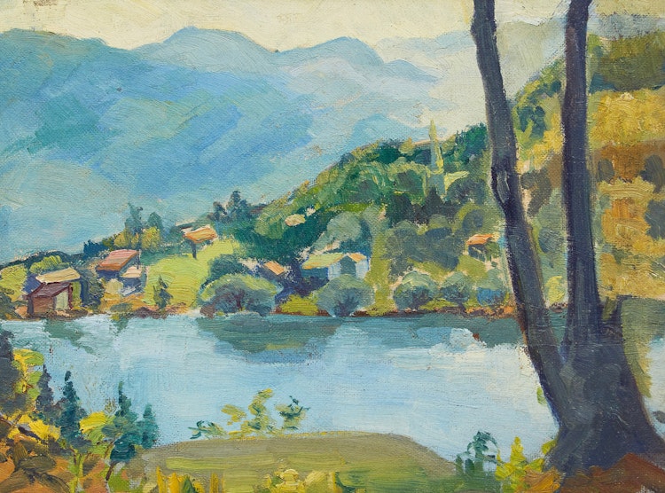 Artwork by Françoise Pagnuelo,  Cottages by a Lake (small tree sketch verso)