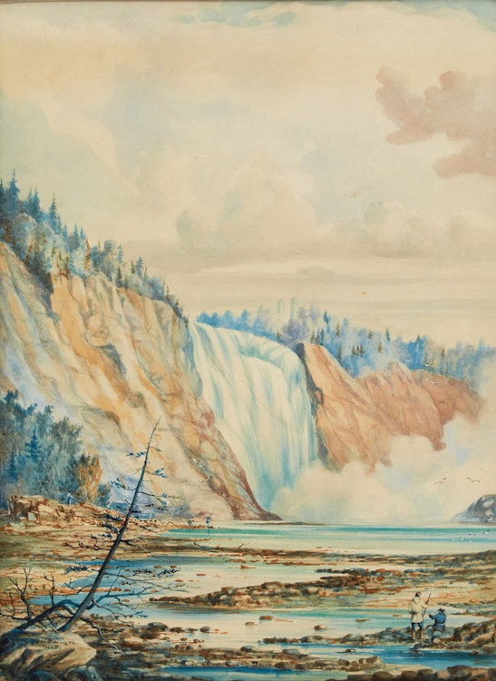 Artwork by William Armstrong,  Fishing at Montmorency Falls, The Artist in the Foreground
