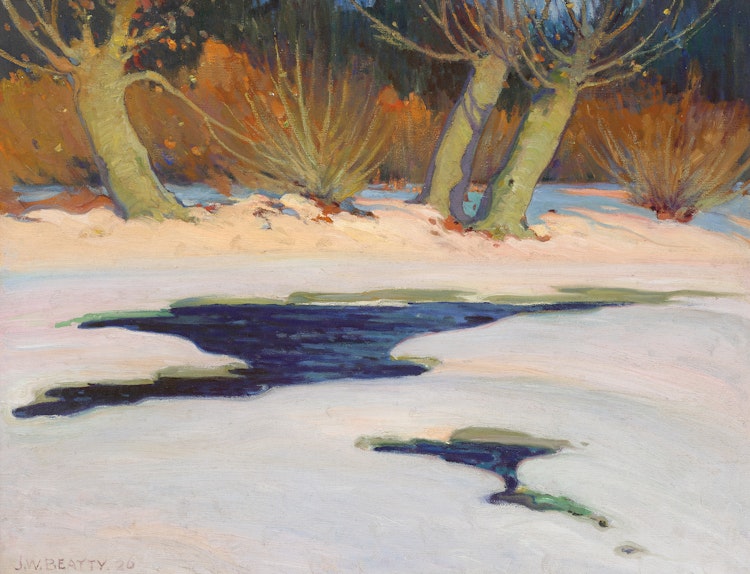 Artwork by John William Beatty, Winter Stream with Trees